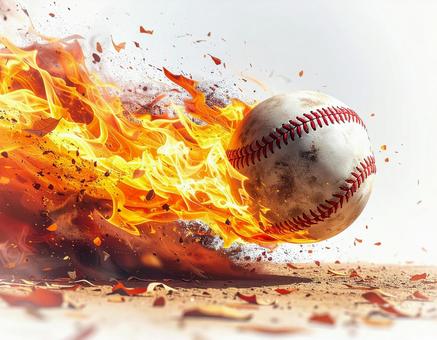 剛速球で炎をまとって飛ぶ野球ボールの写真