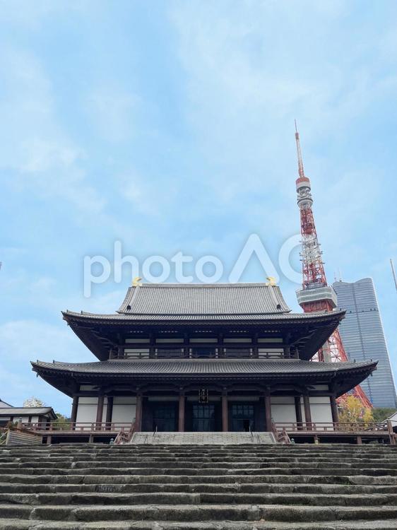 増上寺と東京タワー 青空,風景,草の写真素材