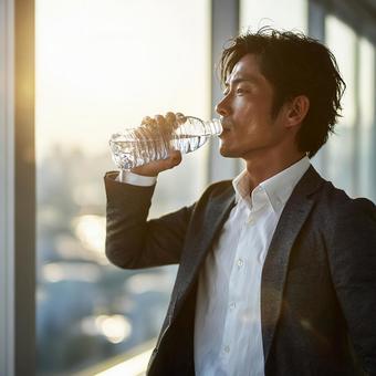窓際で水分補給する日本人男性の写真