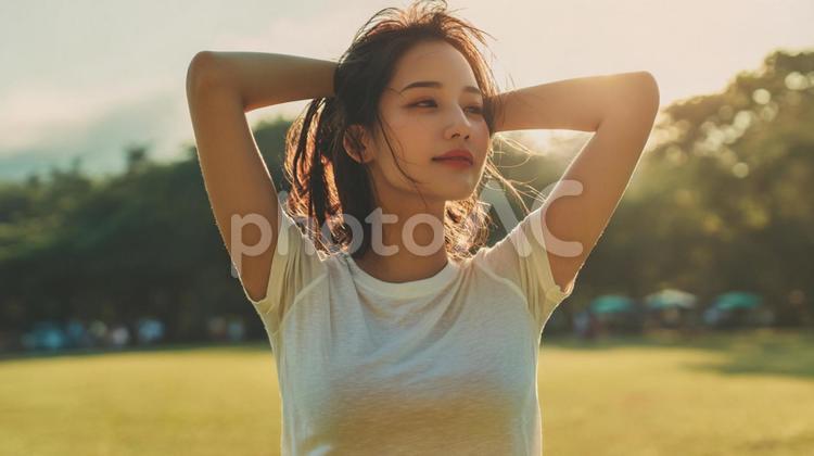 活気に満ちた夏の日にリフレッシュする女性 女性,若い女性,東アジア人の写真素材