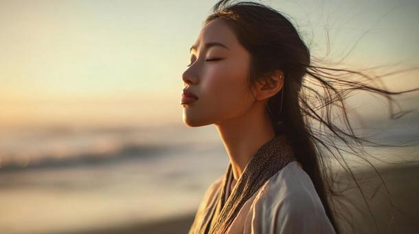 夕暮れ海辺で瞑想する女性・リラックス 夕暮れ海辺で瞑想する女性・リラックスの写真