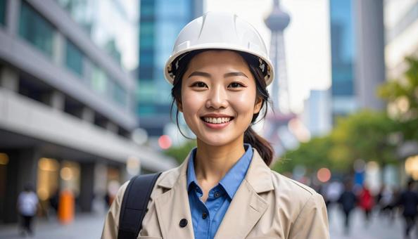 高層ビルの背景に作業服の笑顔の若い女性 高層ビルの背景に作業服の笑顔の若い女性の写真