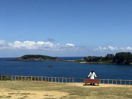 恐竜博士と東尋坊から見た福井県の雄島 恐竜博士と東尋坊から見た福井県の雄島の写真
