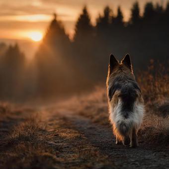 夕焼けに照らされる忠実な犬の姿 夕焼けに照らされる忠実な犬の姿の写真