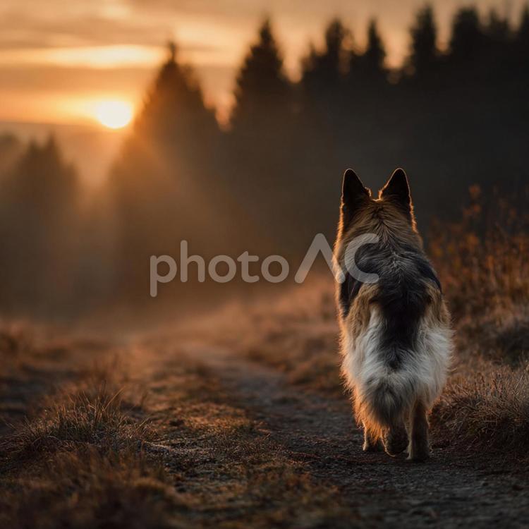 夕焼けに照らされる忠実な犬の姿 シェパード,犬,動物の写真素材