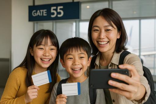 搭乗直前にスマホで自撮りをする日本人親子 搭乗直前にスマホで自撮りをする日本人親子の写真