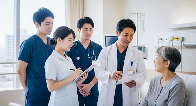 医師と看護師:病室で女性患者を診察 医師と看護師:病室で女性患者を診察の写真