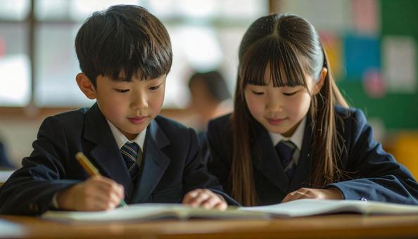 学校の教室で勉強している小学生2人 学校の教室で勉強している小学生2人 の写真