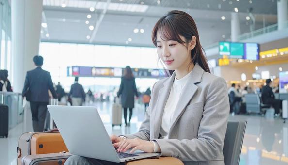 出張先の空港で仕事をするビジネスマン 出張先の空港で仕事をするビジネスマンの写真