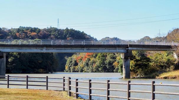 秋の亀山湖・色づく山＆橋（千葉県君津市） 秋,亀山湖,紅葉の写真素材