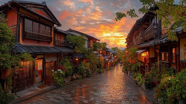 An atmospheric streetscape at dusk, cityscape, city, building, JPG