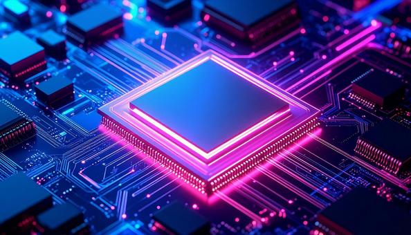 ピンク色に光る半導体チップ ピンク色に光る半導体チップの写真