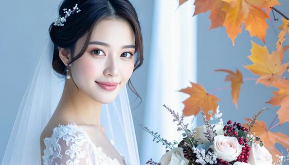 秋のウェデイングドレス姿の花嫁 ブーケ 秋のウェデイングドレス姿の花嫁 ブーケの写真