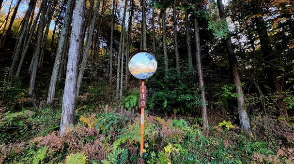 秋の景色とカーブミラー カーブミラー,鏡,秋の写真素材