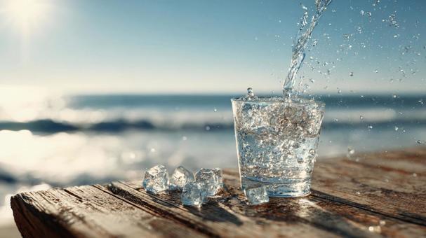 夏の日にぴったりな氷水と海の風景の写真