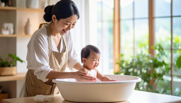 赤ん坊を沐浴させるお母さん 赤ん坊を沐浴させるお母さんの写真