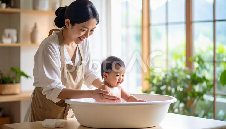 赤ん坊を沐浴させるお母さん 赤ん坊,お母さん,教室の写真素材