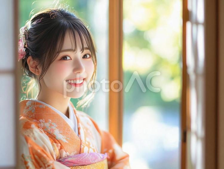 庭先の和室にたたずむ女性のイメージ 女性,和室,庭の写真素材