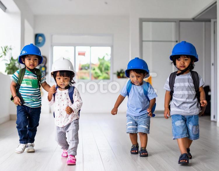 ヘルメットを被り避難訓練をする子供 避難訓練,体験,防災用品の写真素材