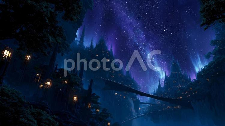 木々の間の月明かりに照らされたエルフの街 ファンタジー,異世界,夜景の写真素材