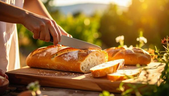 フランスパンをナイフでカットしている手元の写真