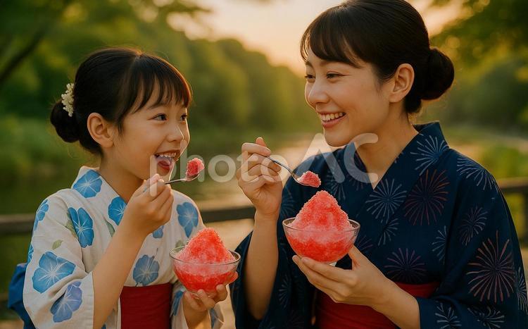 かき氷を楽しむ浴衣の親子（AI） ai生成,浴衣,親子の写真素材