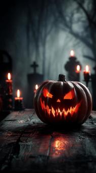 ろうそくに照らされた墓地の恐怖かぼちゃの写真