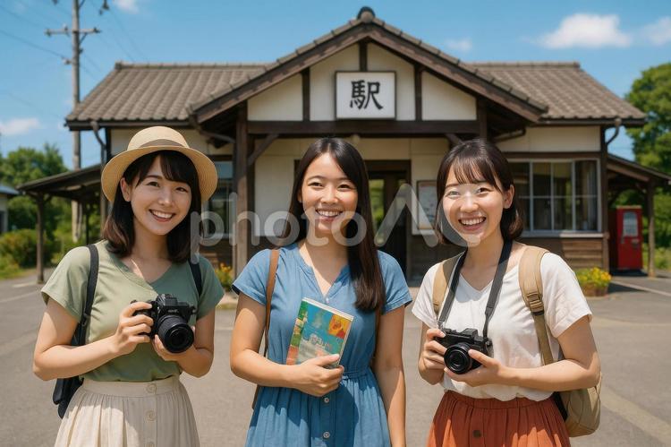 駅前で記念写真を撮る女性たち 日本人,女性,女子旅の写真素材