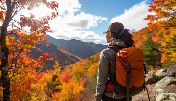 山の上から景色を眺める女性 山の上から景色を眺める女性の写真