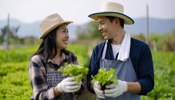 畑で苗を持って目を合わせ笑顔の日本人夫婦 畑で苗を持って目を合わせ笑顔の日本人夫婦の写真