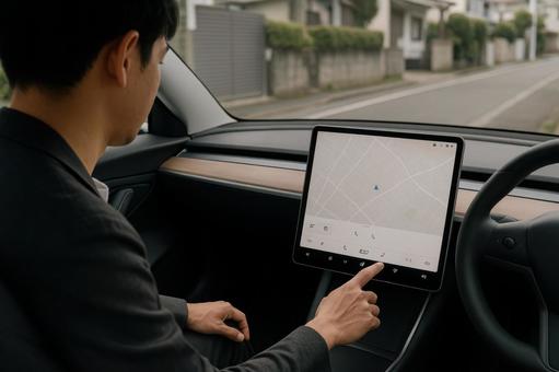 車内でタブレットを操作する男性の様子 車内でタブレットを操作する男性の様子の写真