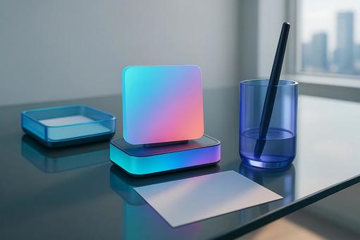 ガラスデスクのスマート小物の写真