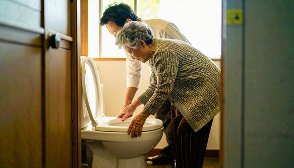 高齢女性のトイレの介助をしている家族 高齢女性のトイレの介助をしている家族の写真