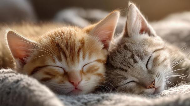 ふわふわ毛布で仲良く眠る子猫たちの写真