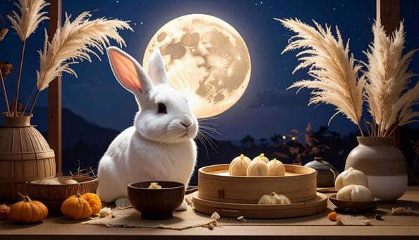 月を見るうさぎの写真