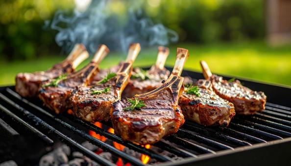バーベキューで焼かれる骨付きラムチョップの写真