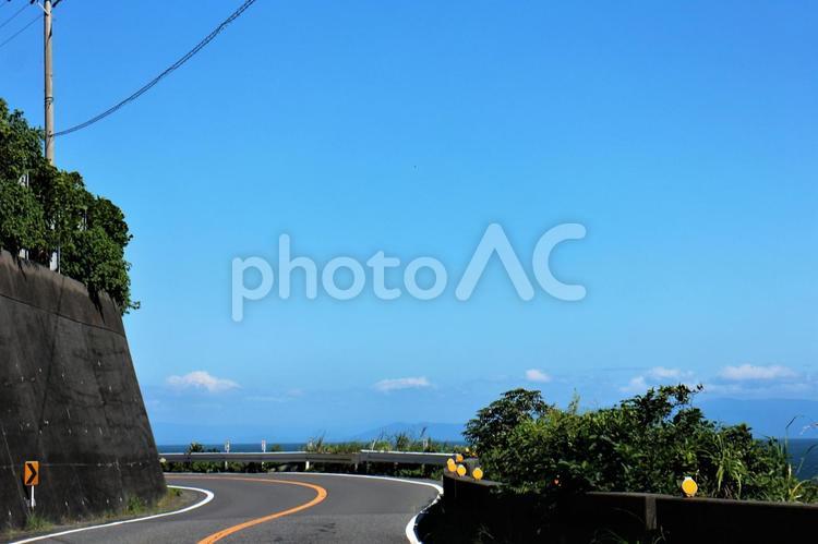 伊豆半島と水平線が見える景色 道路,水平線,カーブの写真素材