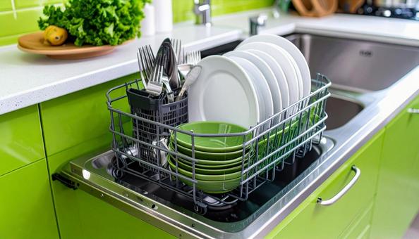 キッチンの水切りかごと食器、洗い物、家事の写真