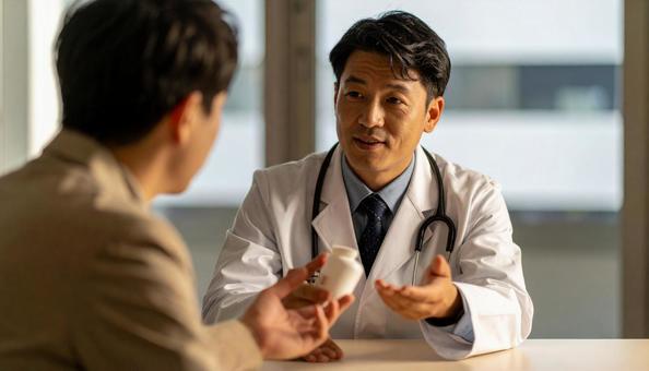 患者に対して簡単な服薬指導を行う男性医師 患者に対して簡単な服薬指導を行う男性医師の写真