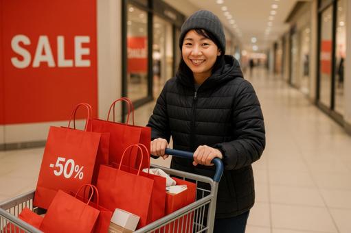 カートを押す買い物客 カートを押す買い物客の写真