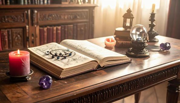 アンティークな机と魔法書とロウソクの写真