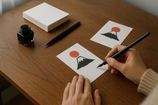 年賀状を書く机の上の写真