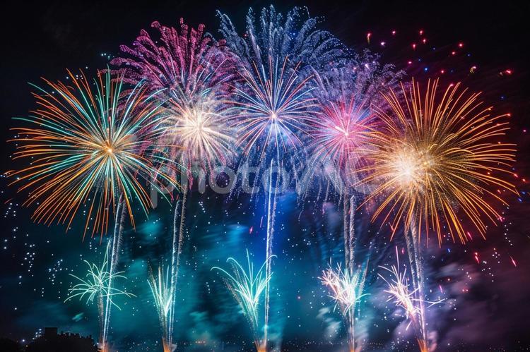 色とりどりの花火が輝く夏の夜 花火,打ち上げ,夏の写真素材