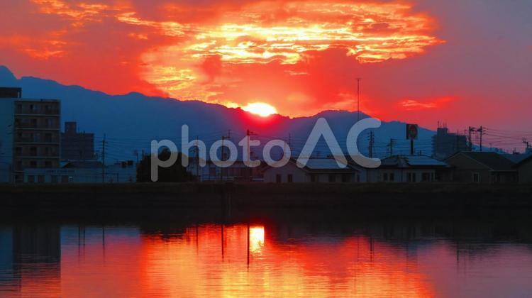 ６月下旬の池の朝焼け 背景,朝焼け,黄昏の写真素材