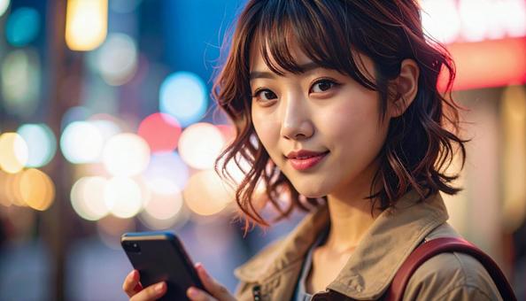 スマホを持つ日本人の若い女性の写真