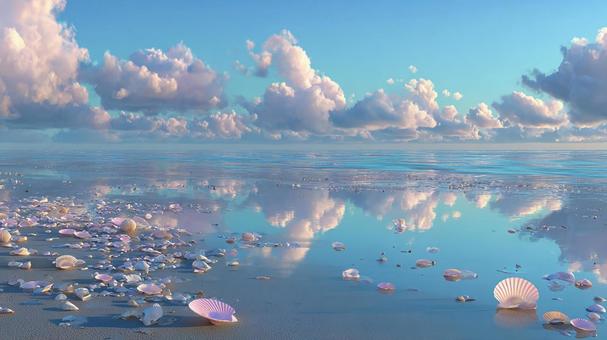 空と雲が海面に映り込む、夏のビーチ風景 空と雲が海面に映り込む、夏のビーチ風景の写真