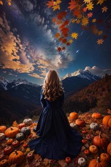 ハロウィン　遠くの山並みを見つめる少女の写真