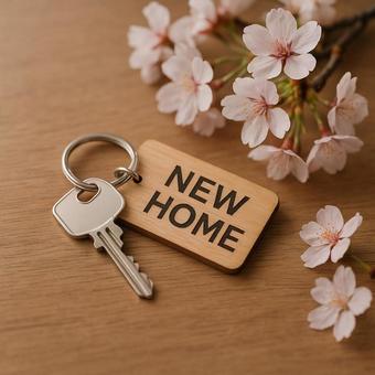 新生活の鍵と桜の写真