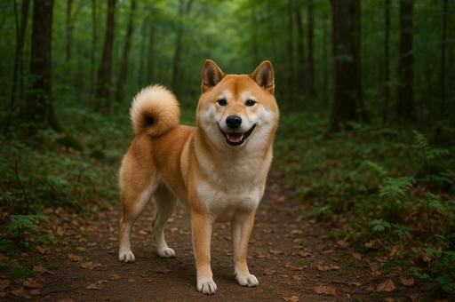 森の小道に立つ笑顔の柴犬 森の小道に立つ笑顔の柴犬の写真