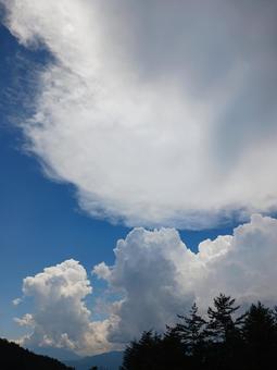 Cumulonimbus clouds towering in the summer sky and the silhouette of a forest, sky, cloud, blue sky, JPG